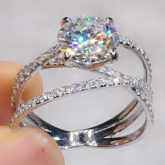 ▶Engagement CZ Clear Super Large Silver Plated Wedding Beautiful Ring, K993